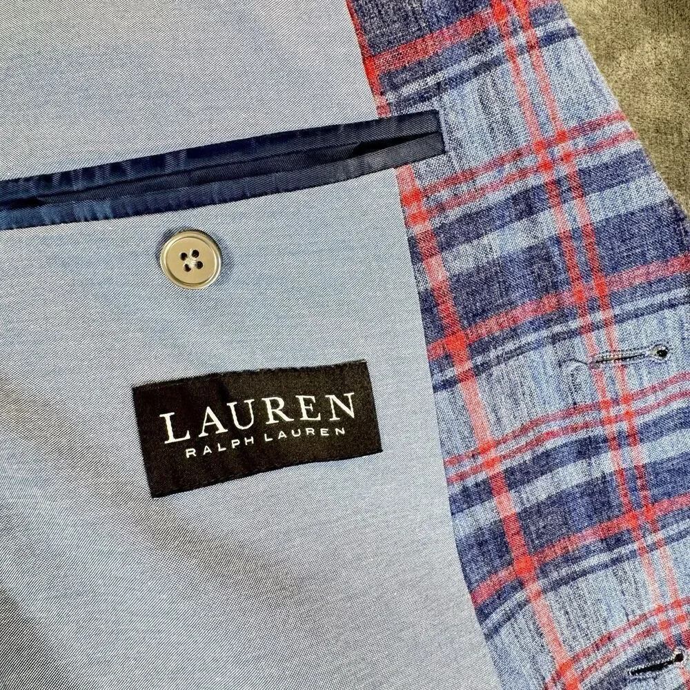 LAUREN RALPH LAUREN Boy 20R Bloxbury Blue Red Plaid Sport Coat Blazer Linen Blen